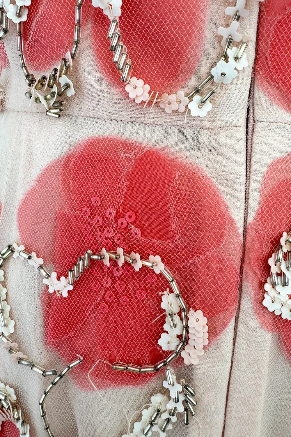 Dreamy 2000s Oscar de la Renta Pink Net & Floral Silk Dress w Bead & Flower Sequin Detailing