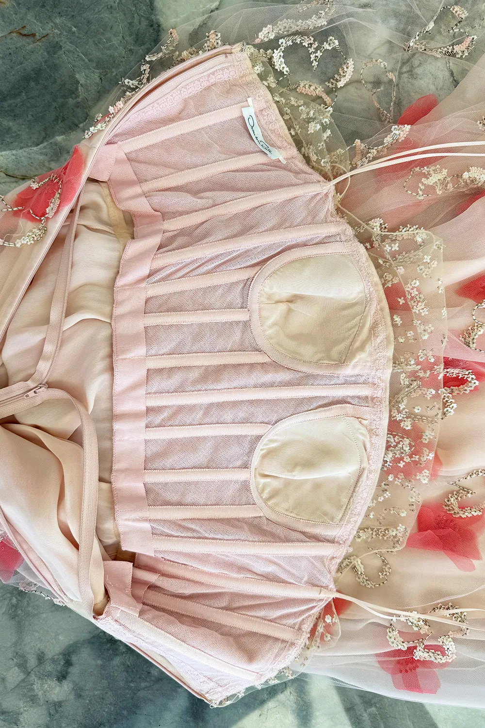 Dreamy 2000s Oscar de la Renta Pink Net & Floral Silk Dress w Bead & Flower Sequin Detailing