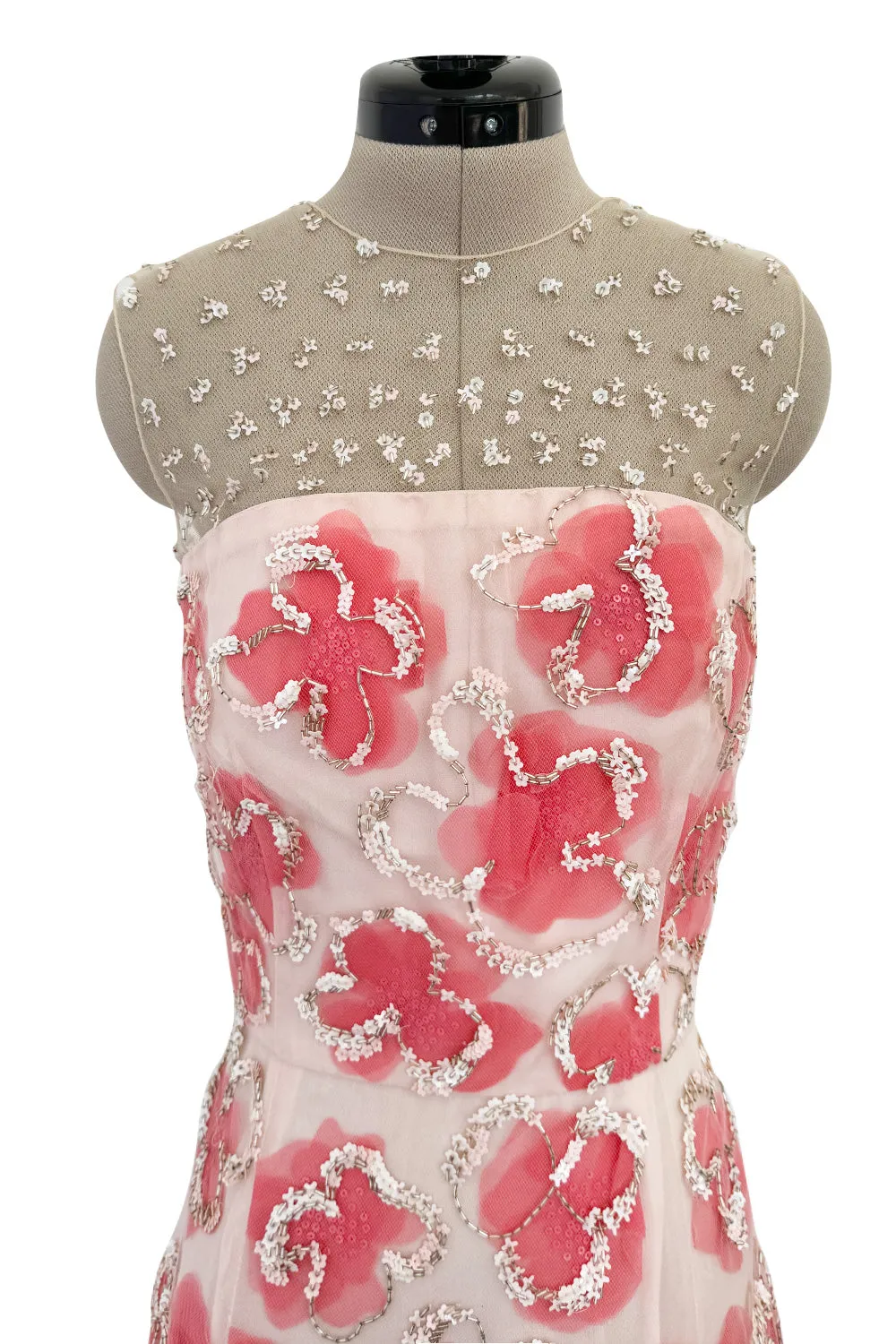 Dreamy 2000s Oscar de la Renta Pink Net & Floral Silk Dress w Bead & Flower Sequin Detailing