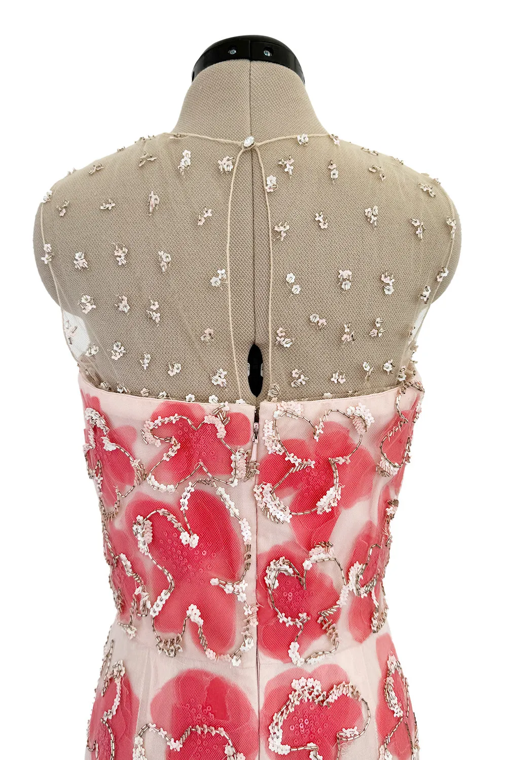 Dreamy 2000s Oscar de la Renta Pink Net & Floral Silk Dress w Bead & Flower Sequin Detailing
