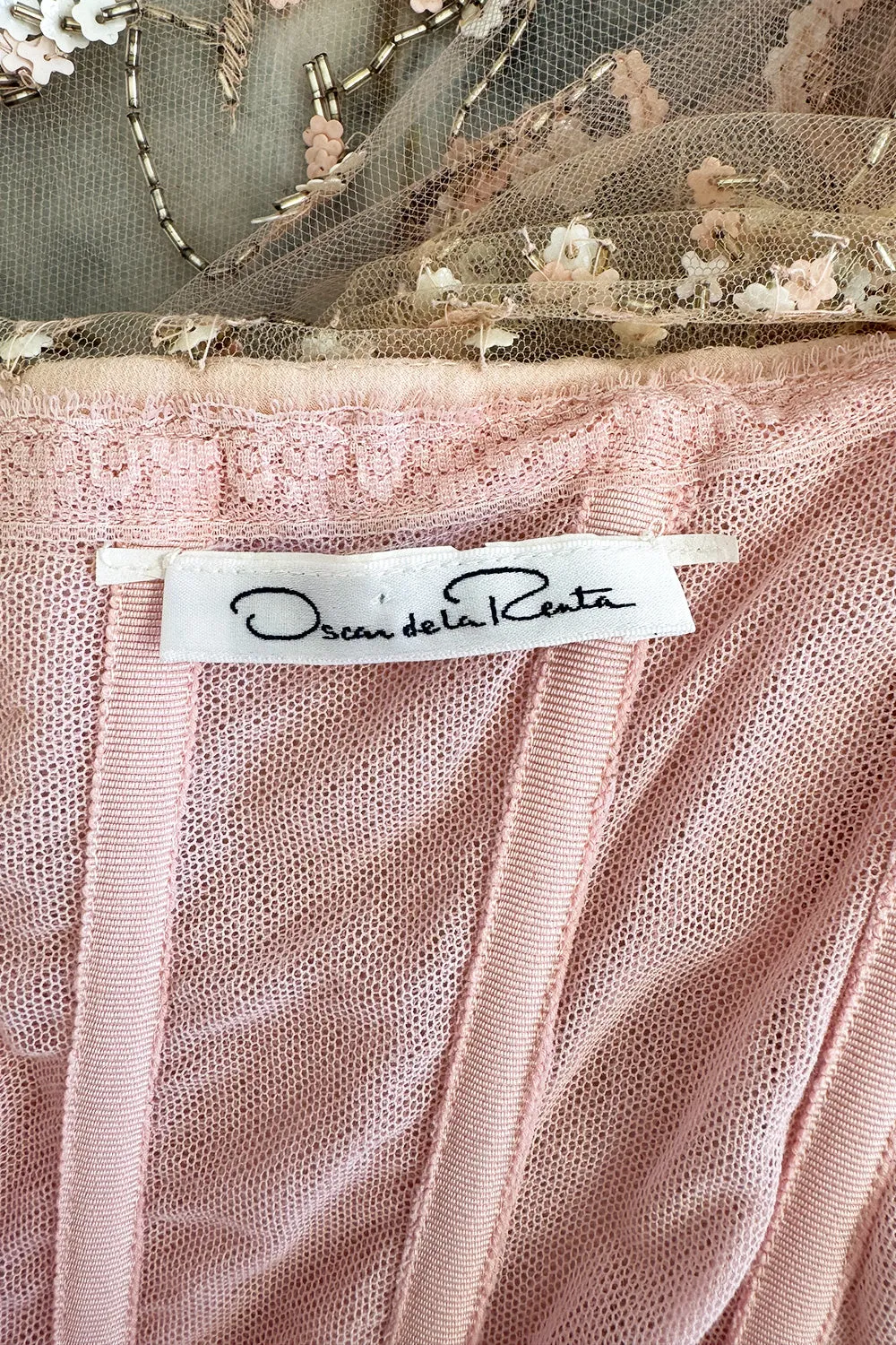Dreamy 2000s Oscar de la Renta Pink Net & Floral Silk Dress w Bead & Flower Sequin Detailing