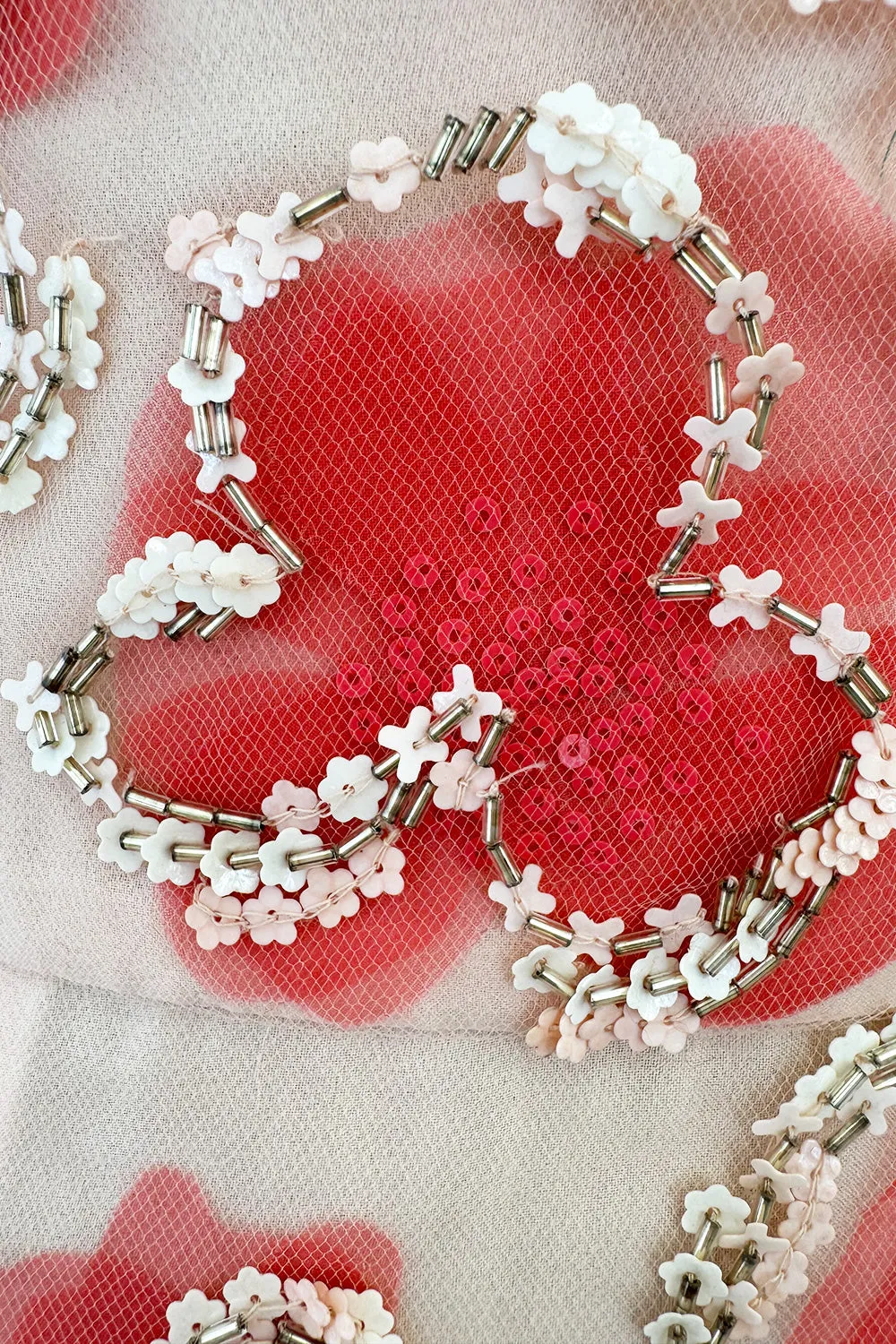 Dreamy 2000s Oscar de la Renta Pink Net & Floral Silk Dress w Bead & Flower Sequin Detailing