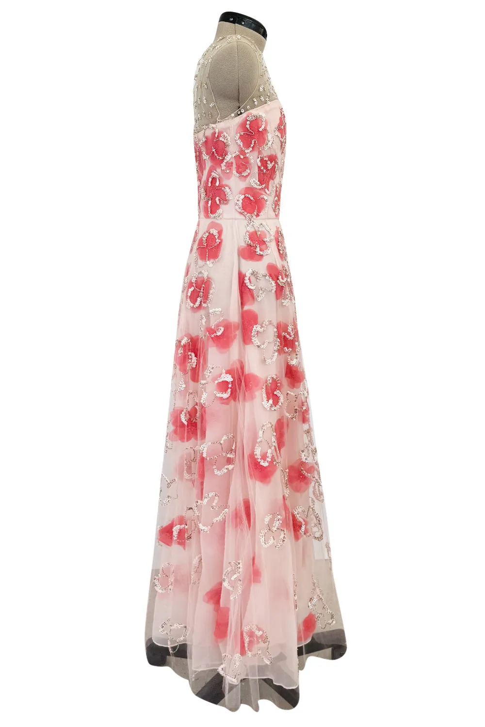 Dreamy 2000s Oscar de la Renta Pink Net & Floral Silk Dress w Bead & Flower Sequin Detailing