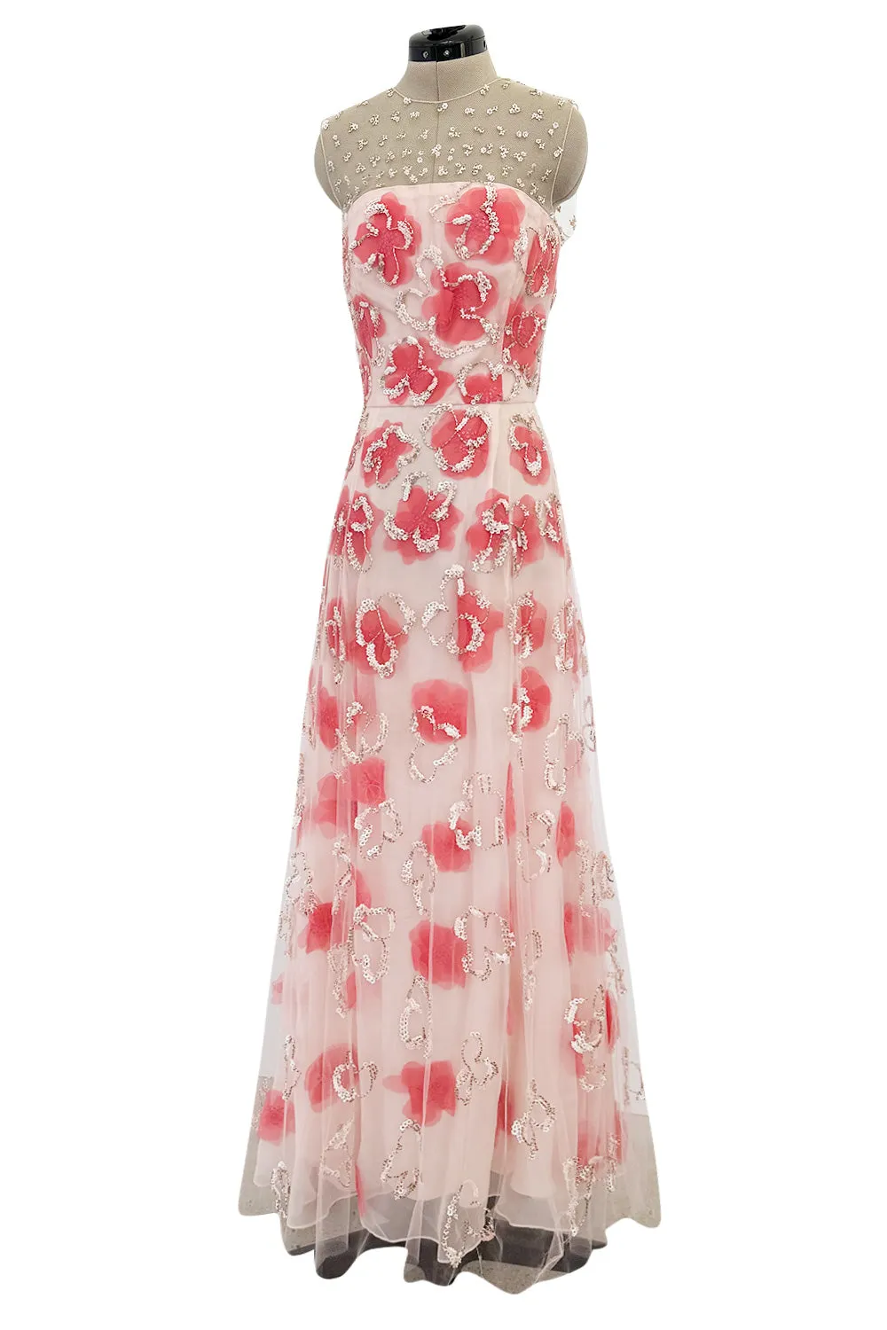 Dreamy 2000s Oscar de la Renta Pink Net & Floral Silk Dress w Bead & Flower Sequin Detailing