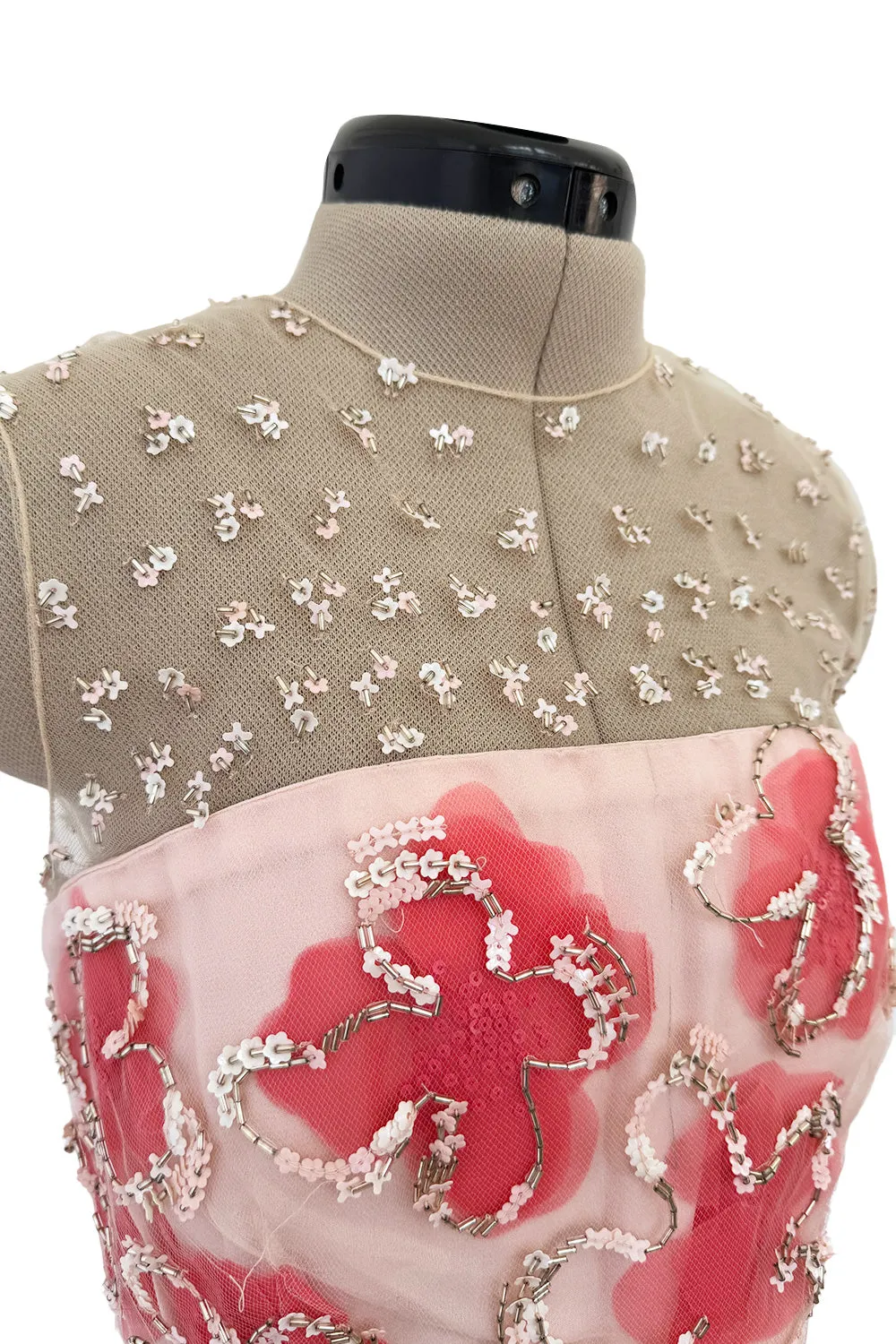 Dreamy 2000s Oscar de la Renta Pink Net & Floral Silk Dress w Bead & Flower Sequin Detailing