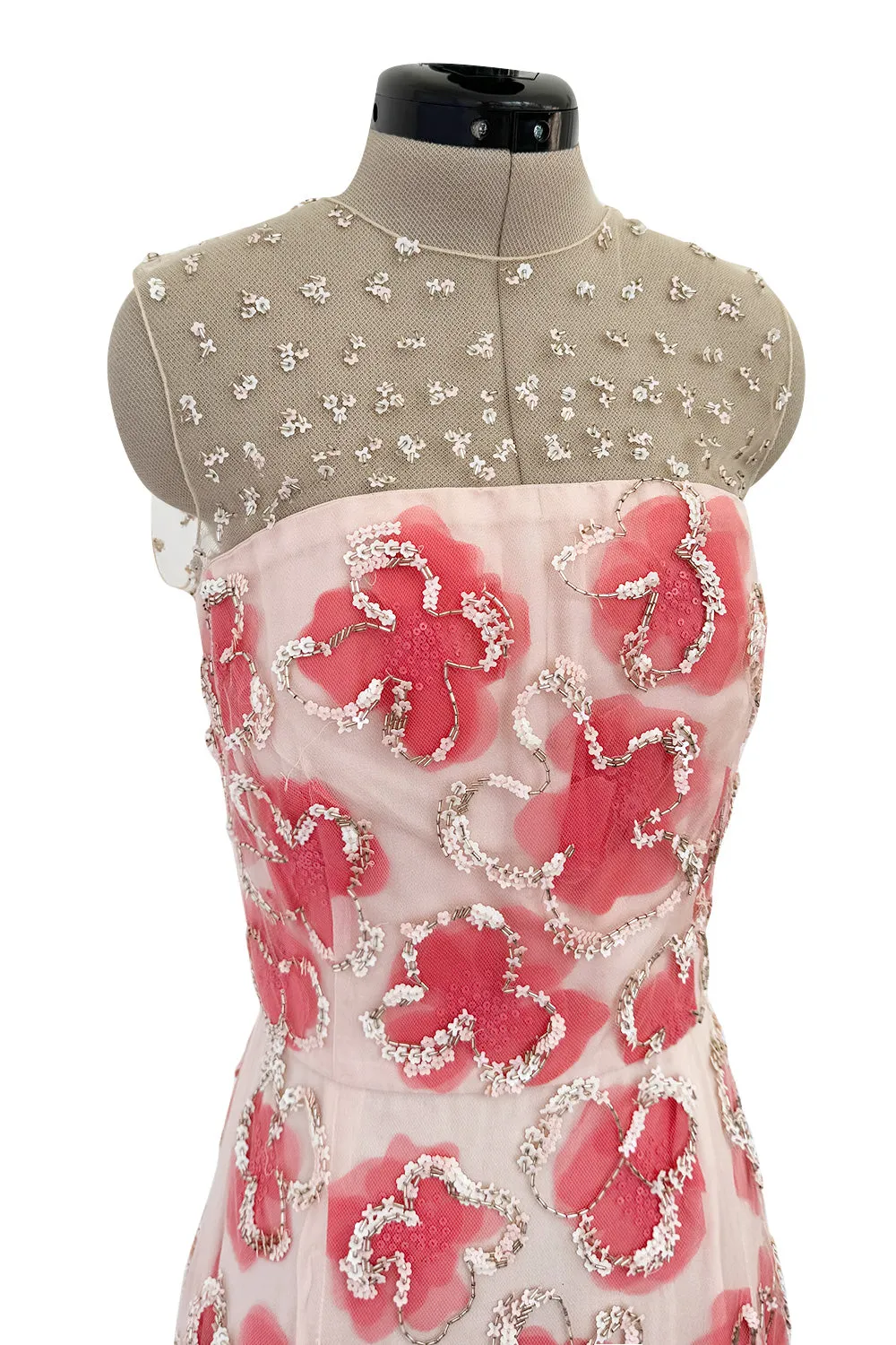 Dreamy 2000s Oscar de la Renta Pink Net & Floral Silk Dress w Bead & Flower Sequin Detailing