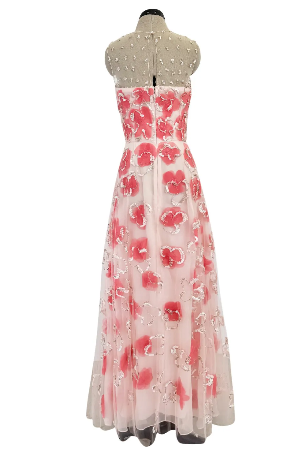 Dreamy 2000s Oscar de la Renta Pink Net & Floral Silk Dress w Bead & Flower Sequin Detailing