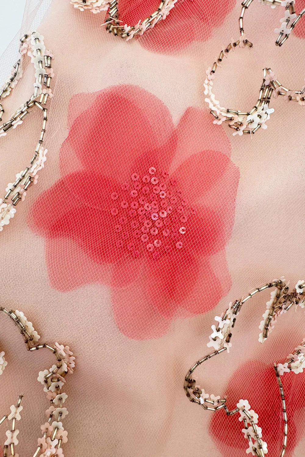 Dreamy 2000s Oscar de la Renta Pink Net & Floral Silk Dress w Bead & Flower Sequin Detailing