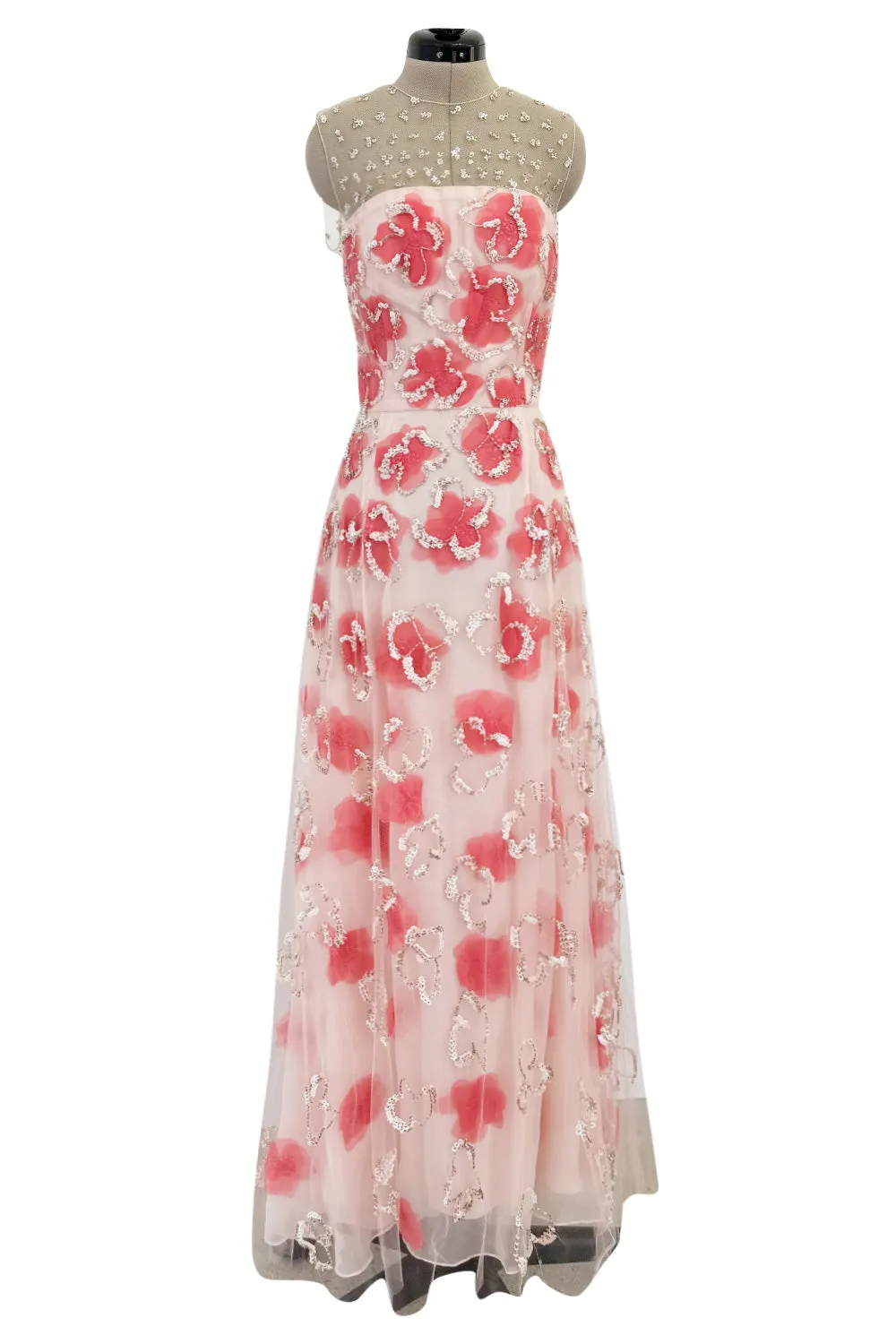 Dreamy 2000s Oscar de la Renta Pink Net & Floral Silk Dress w Bead & Flower Sequin Detailing