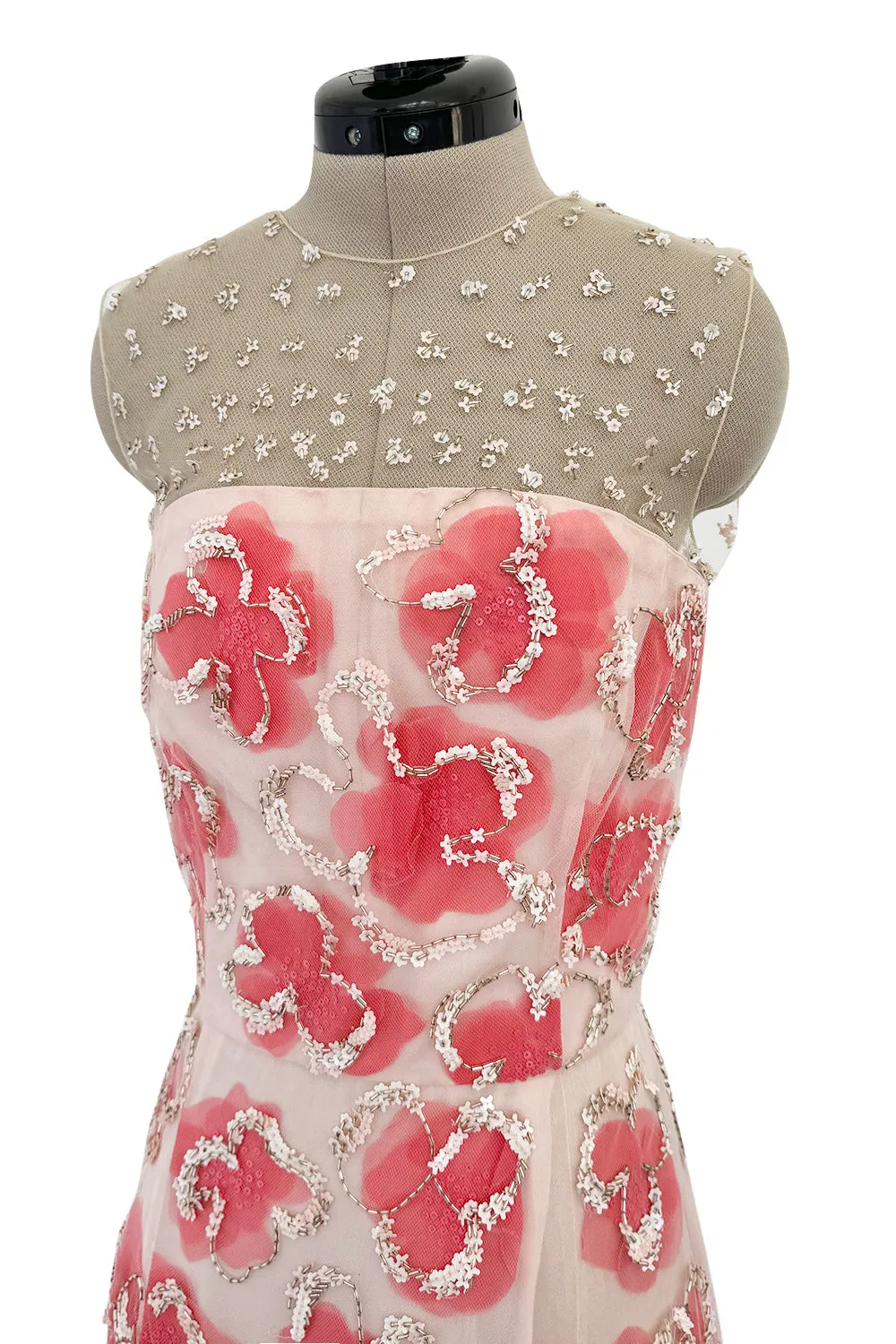 Dreamy 2000s Oscar de la Renta Pink Net & Floral Silk Dress w Bead & Flower Sequin Detailing