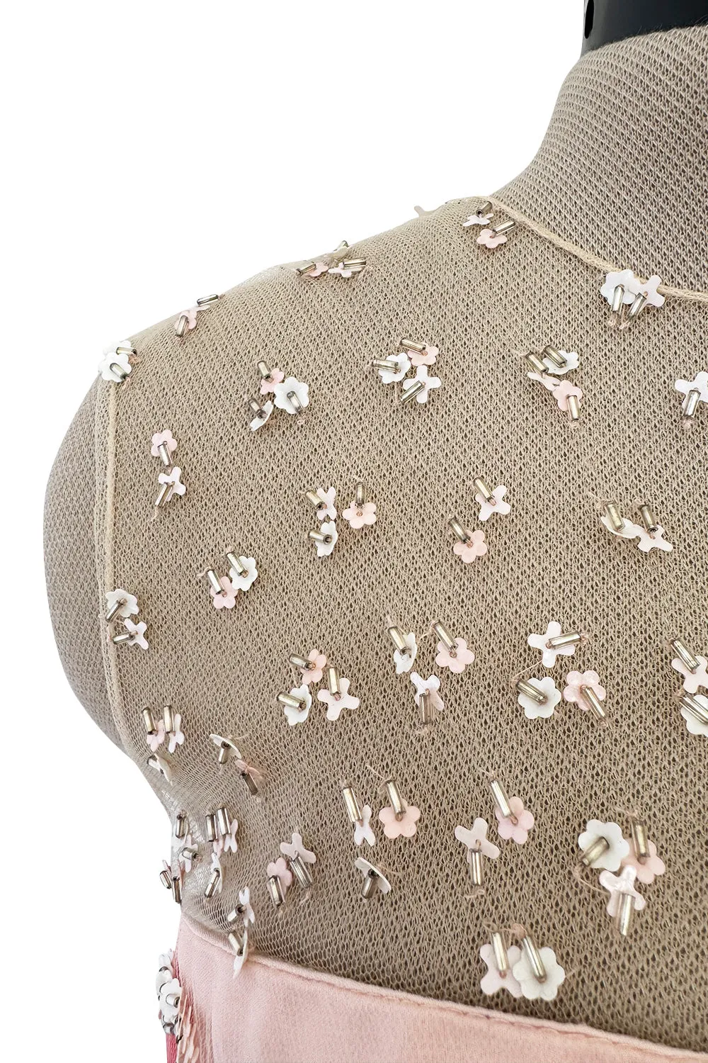 Dreamy 2000s Oscar de la Renta Pink Net & Floral Silk Dress w Bead & Flower Sequin Detailing