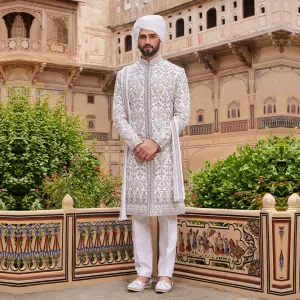 Dulha White Embroidered Sherwani with Stole