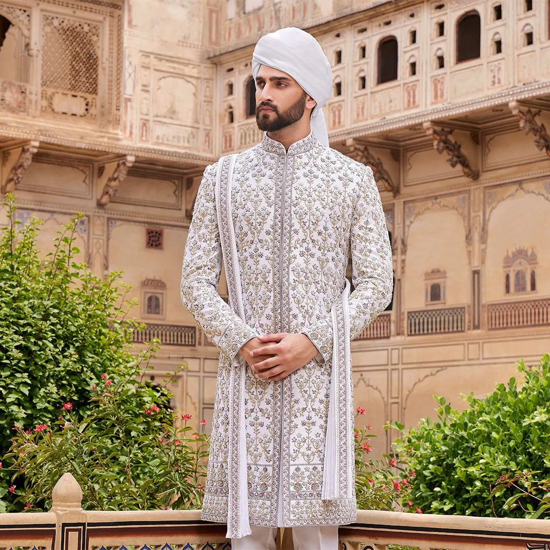 Dulha White Embroidered Sherwani with Stole