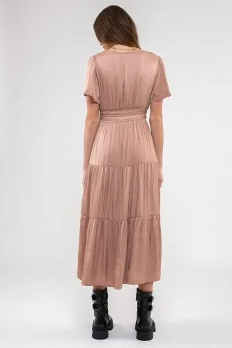 Dusty Blush Satin Dress with Waist Detail