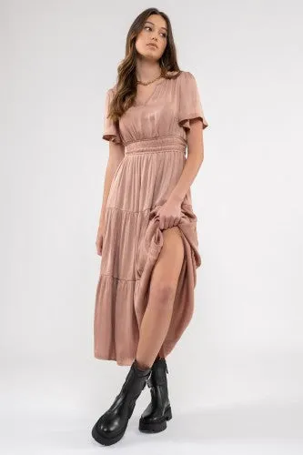 Dusty Blush Satin Dress with Waist Detail