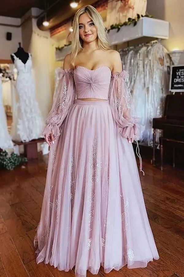 Dusty Pink Tulle Two-Pieces Long Sleeves Prom Dresses With Appliques, MP913