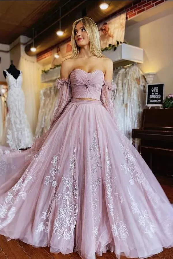 Dusty Pink Tulle Two-Pieces Long Sleeves Prom Dresses With Appliques, MP913