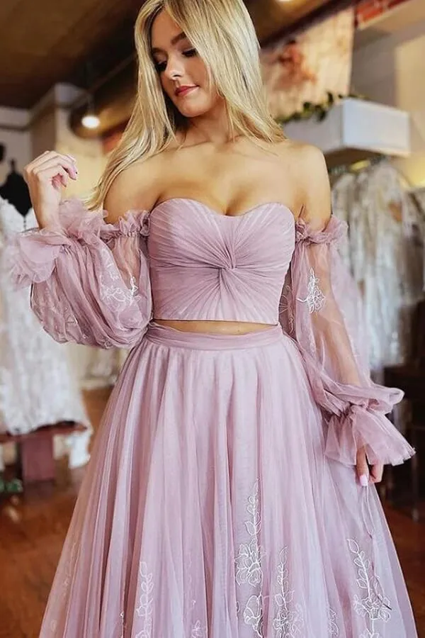 Dusty Pink Tulle Two-Pieces Long Sleeves Prom Dresses With Appliques, MP913