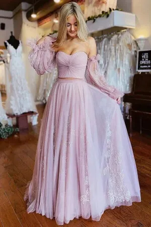 Dusty Pink Tulle Two-Pieces Long Sleeves Prom Dresses With Appliques, MP913