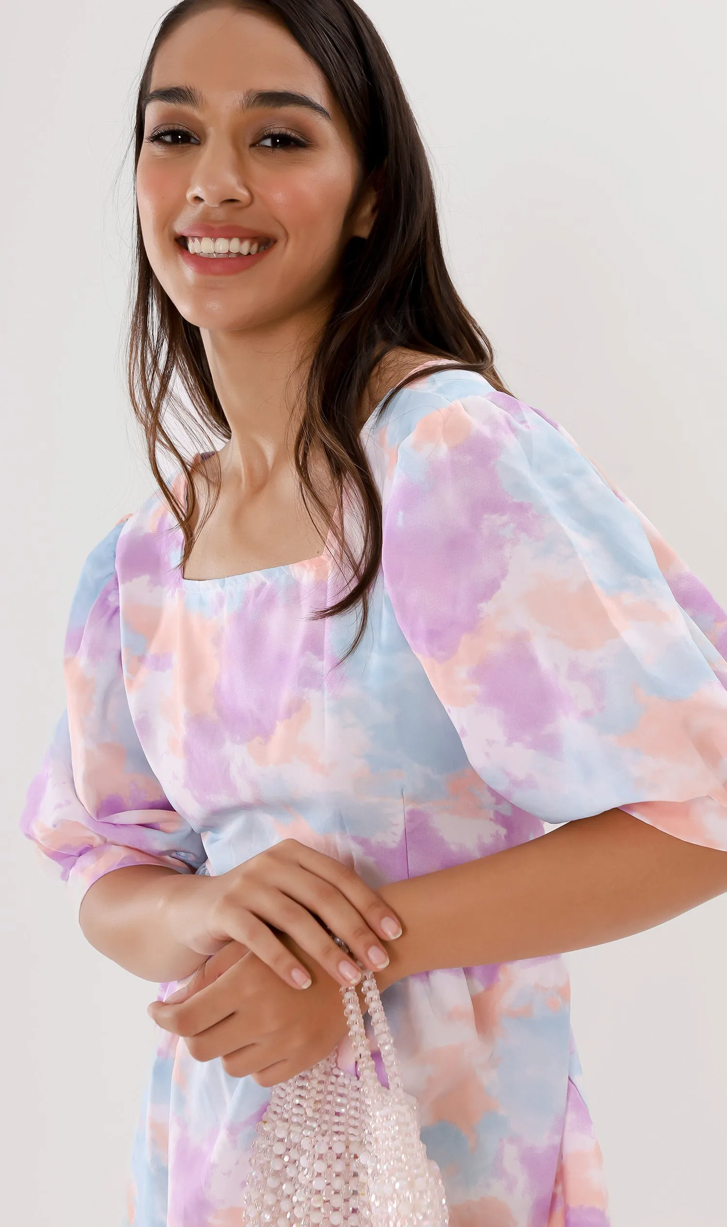 EFFIE Pastel Puff-Sleeve Dress (Purple)