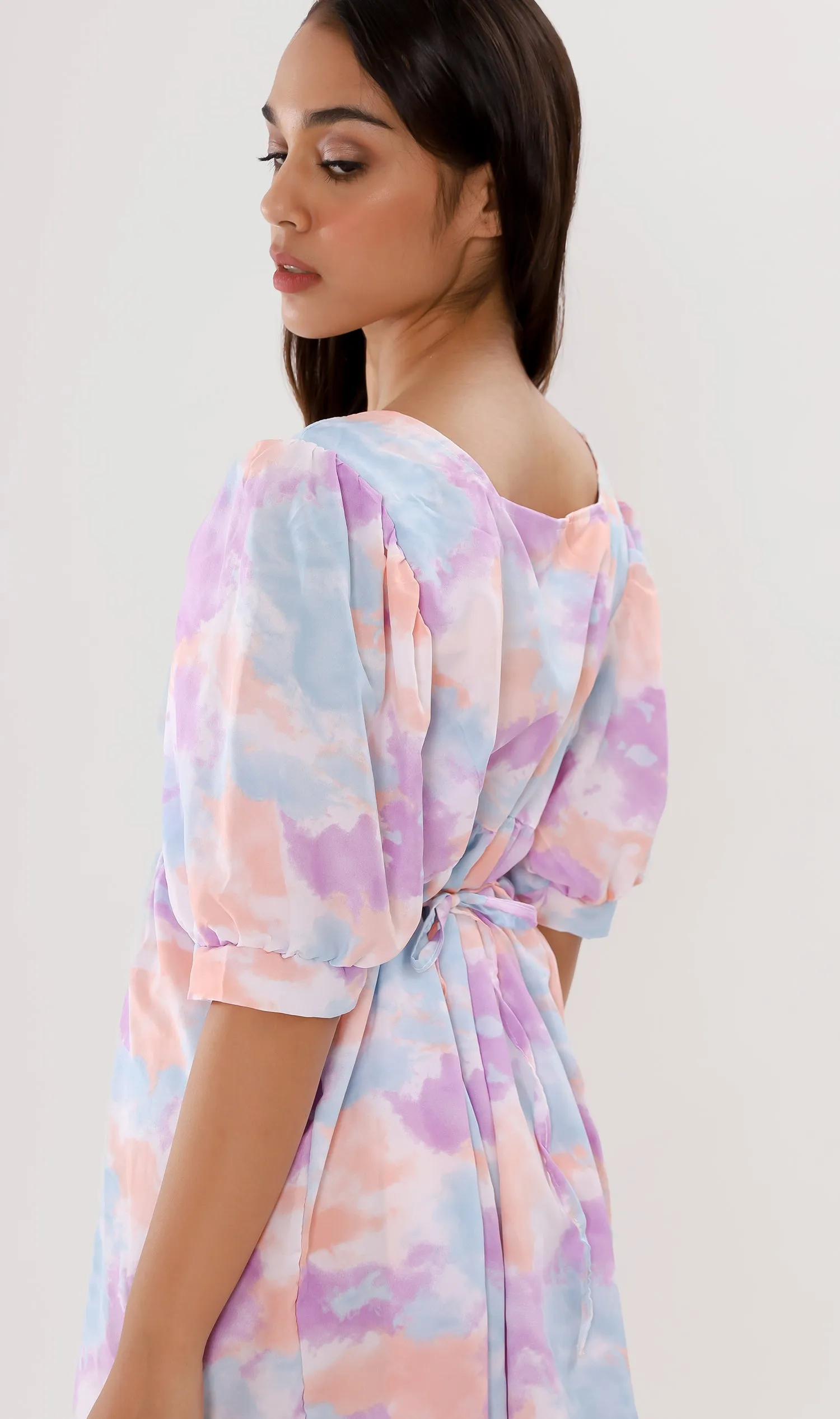EFFIE Pastel Puff-Sleeve Dress (Purple)