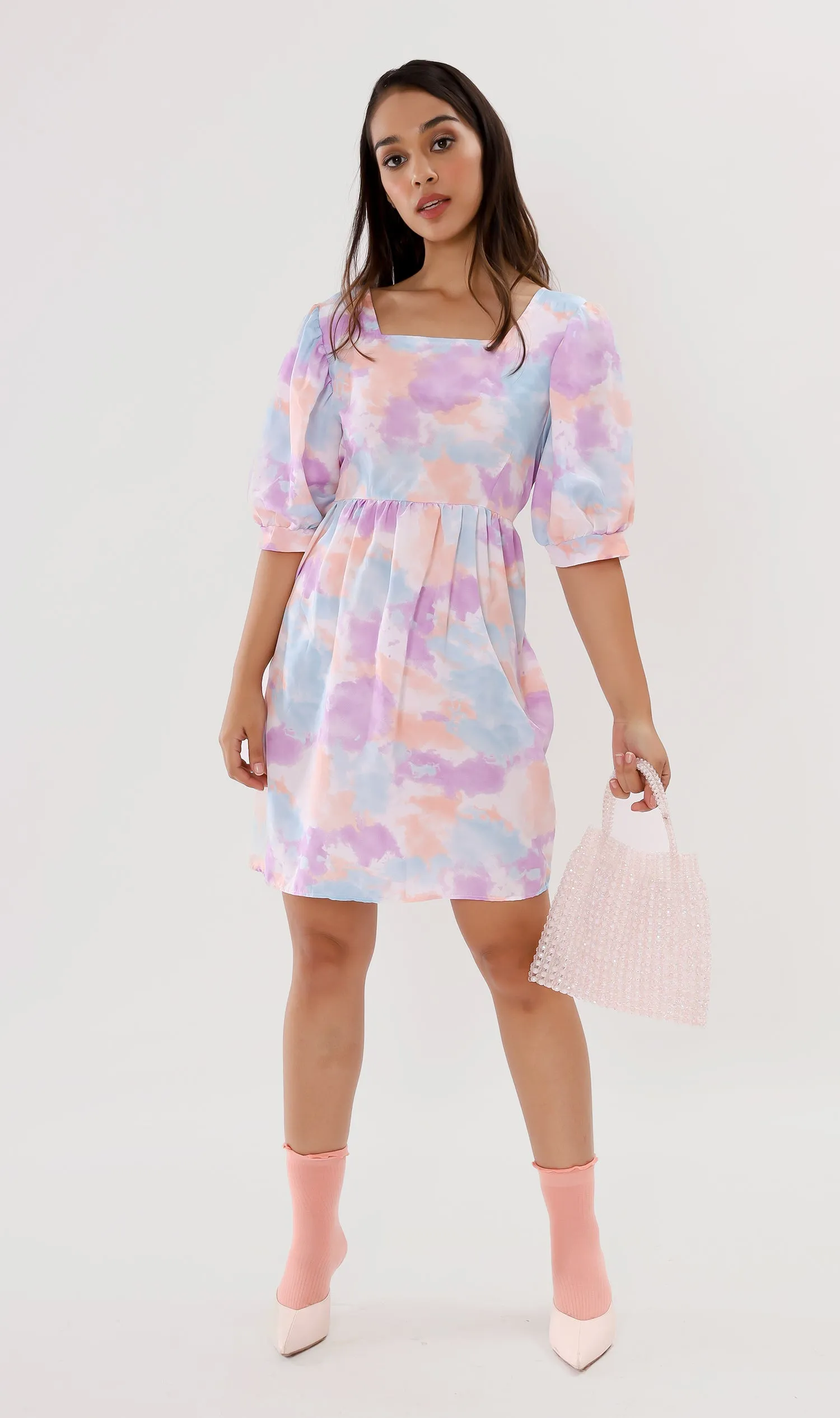 EFFIE Pastel Puff-Sleeve Dress (Purple)