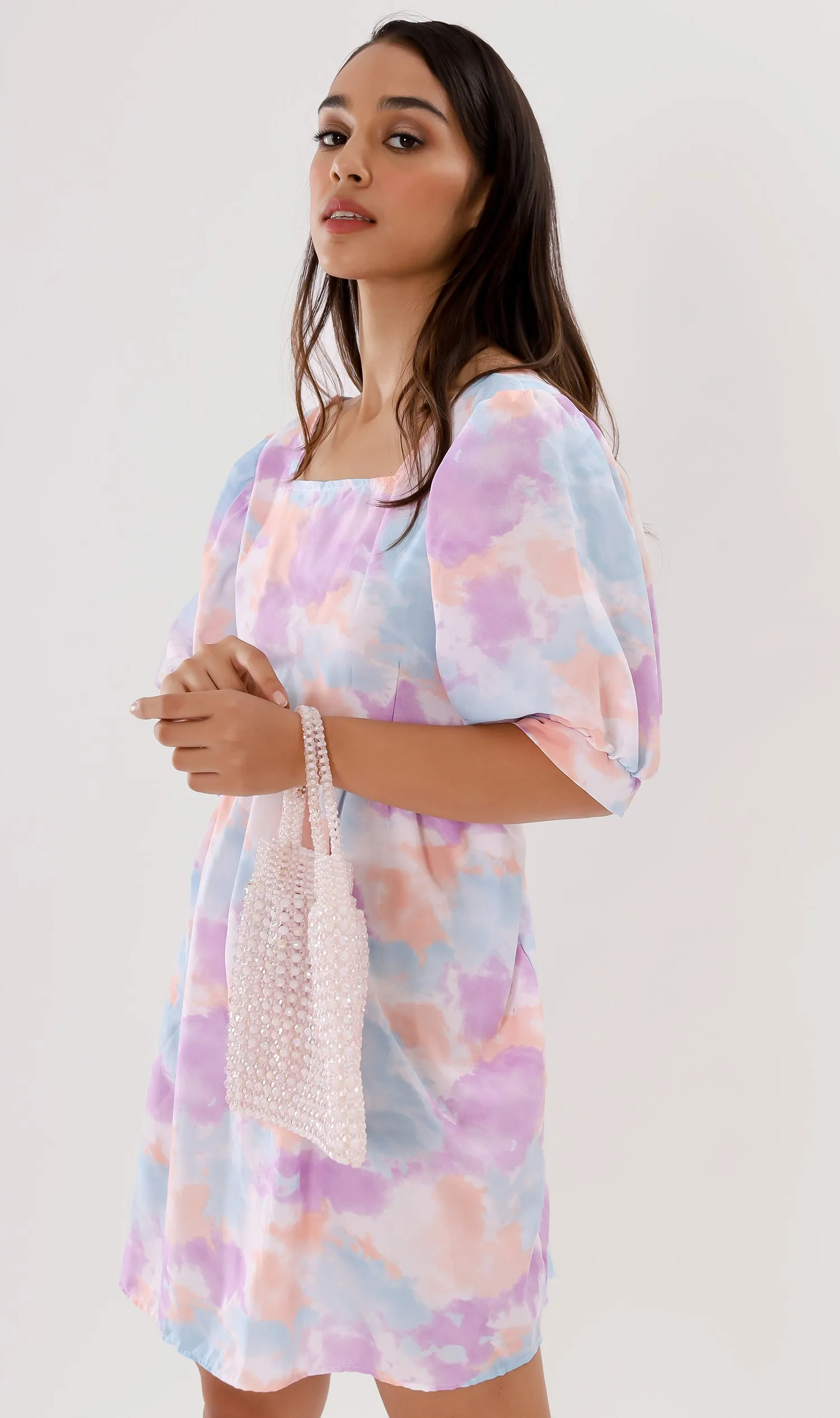 EFFIE Pastel Puff-Sleeve Dress (Purple)