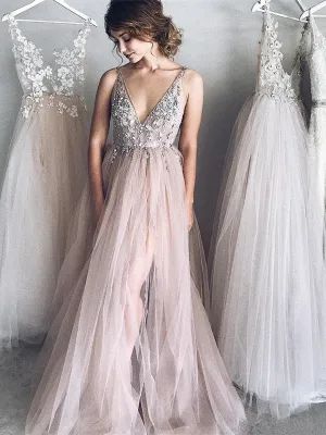 Elegant A Line V Neck Lace Long Prom Dress, V Neck Formal Dress, Graduation Dress