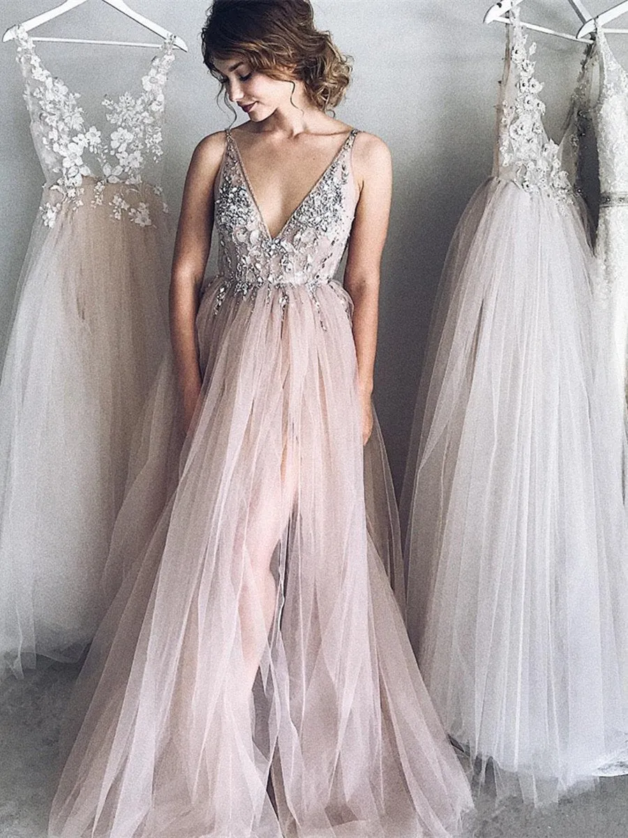 Elegant A Line V Neck Lace Long Prom Dress, V Neck Formal Dress, Graduation Dress