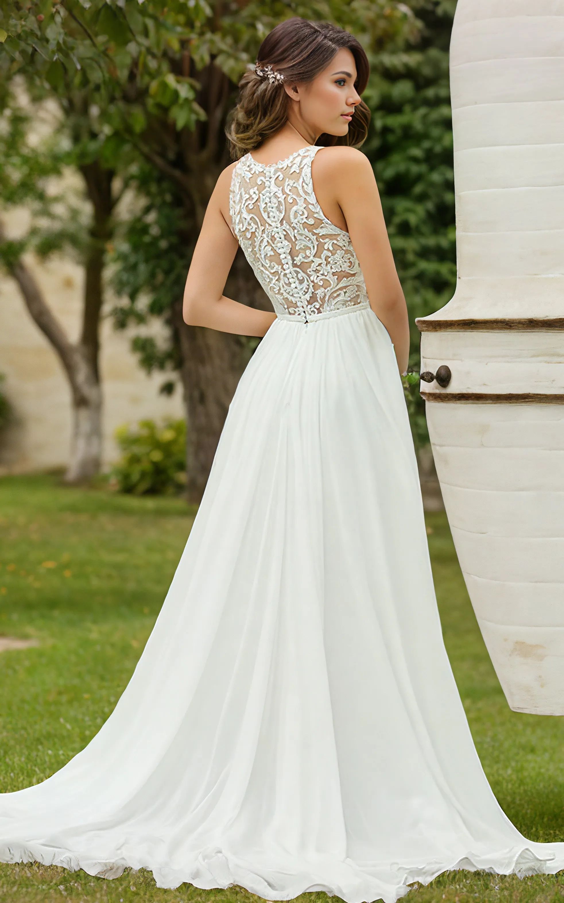 Elegant Floral A-Line High Neck Boho Wedding Dress Romantic Flowy Beach Garden Chiffon Lace Sweep Train Bridal Gown