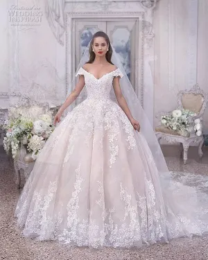 Elegant Lace Wedding Dresses Capped Sleeve V-Neck Tulle Lace Bridal Ball Gowns 2020