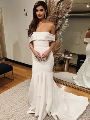 Elegant Off Shoulder Mermaid Simple Backless Satin Wedding Dresses, FC1731