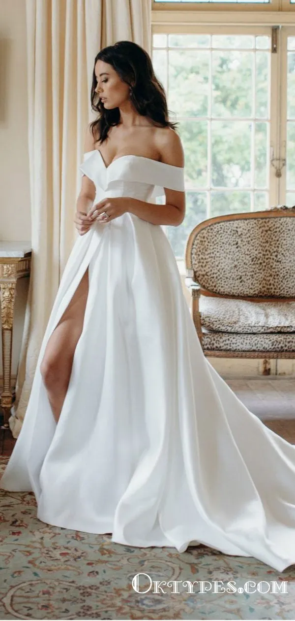 Elegant Off Shoulder Satin Long Cheap Ball Gown Wedding Dresses, TYP1984