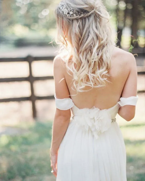 Elegant Off The Shoulder Beading Sash Long Chiffon Wedding Dresses Beach