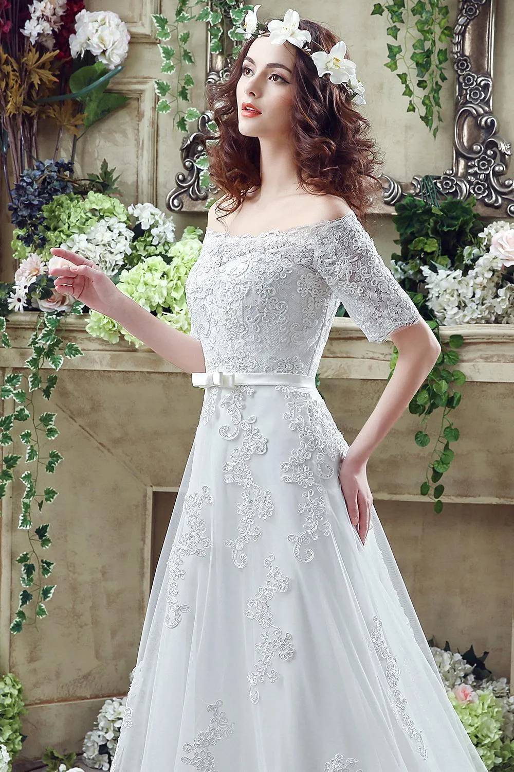 Elegant Off-the-shoulder Lace Appliques Wedding Dress 2018 Bowknot Lace-up-710803