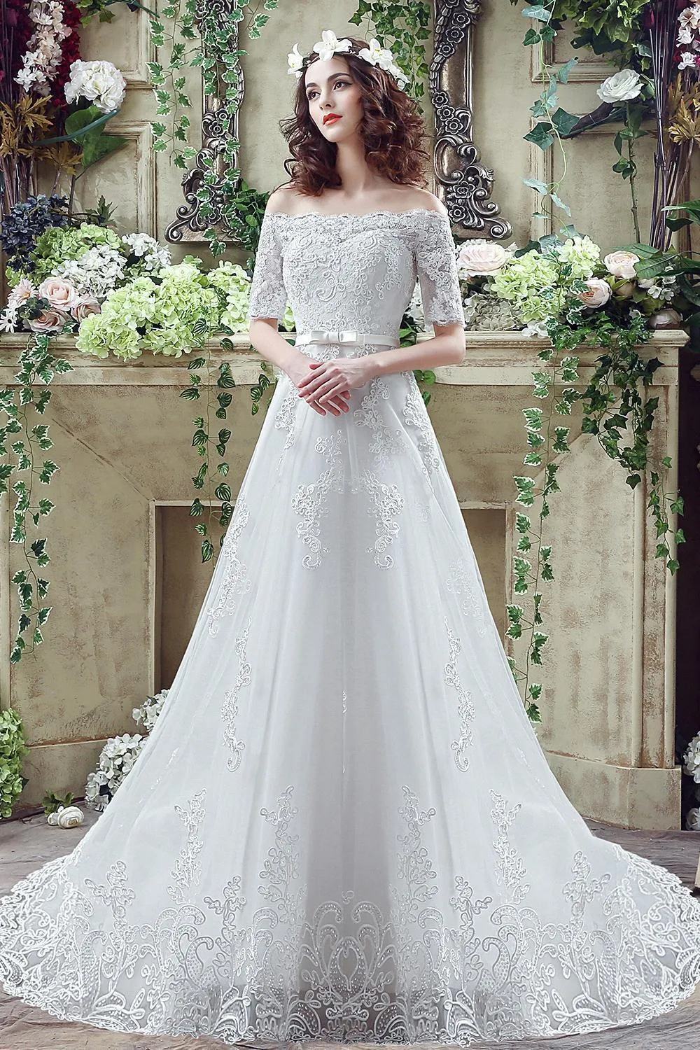 Elegant Off-the-shoulder Lace Appliques Wedding Dress 2018 Bowknot Lace-up-710803