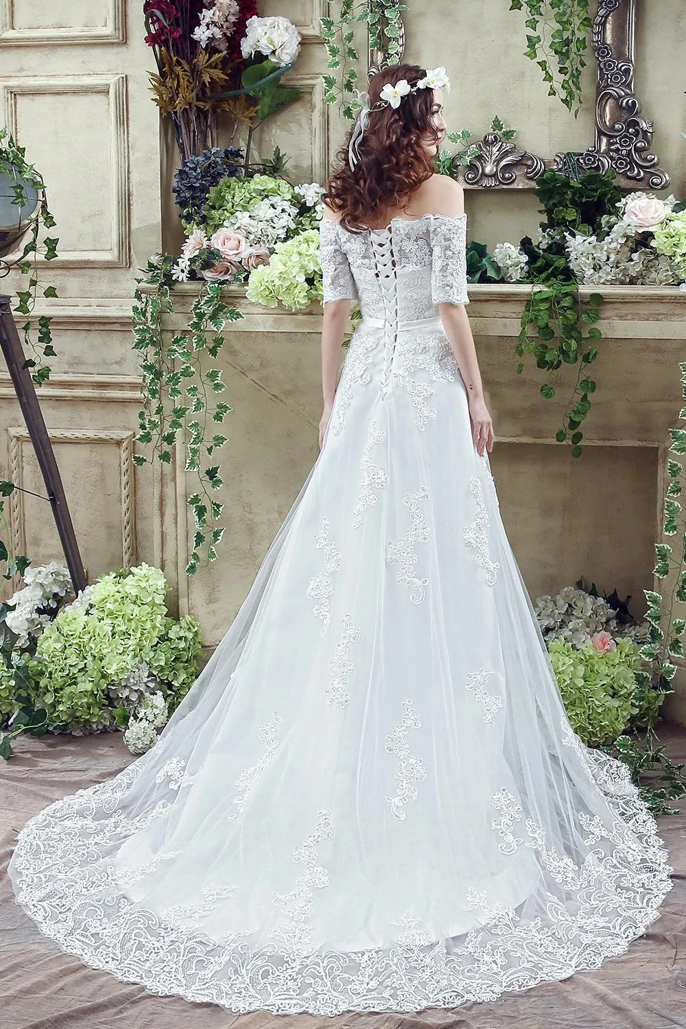 Elegant Off-the-shoulder Lace Appliques Wedding Dress 2018 Bowknot Lace-up-710803