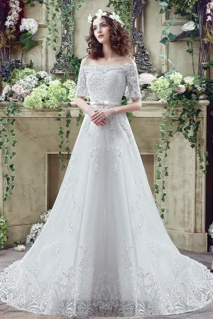 Elegant Off-the-shoulder Lace Appliques Wedding Dress 2018 Bowknot Lace-up-710803