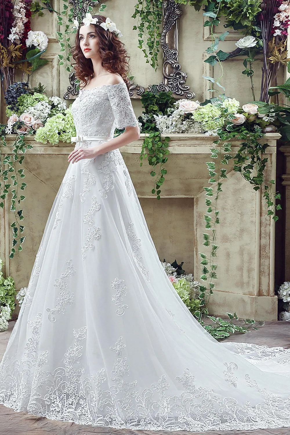 Elegant Off-the-shoulder Lace Appliques Wedding Dress 2018 Bowknot Lace-up-710803