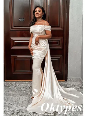 Elegant Satin Off Shoulder Sleeveless Mermaid Long Prom Dresses With Train, PDS1007