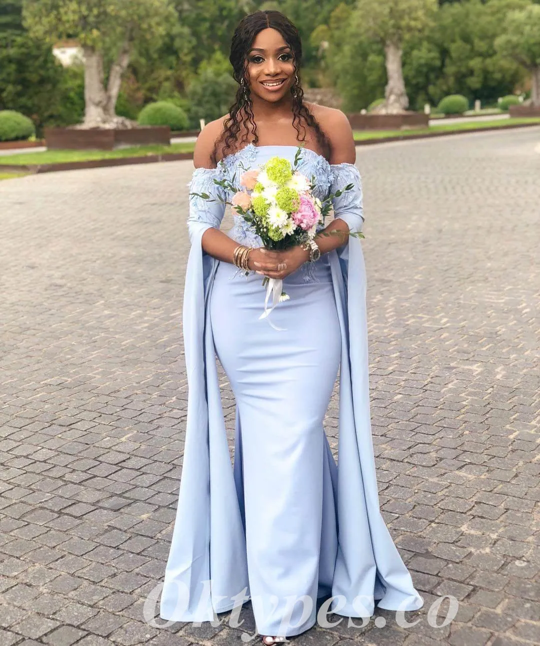 Elegant Soft Satin Off Shoulder Long Sleeve Side Slit Mermaid Floor Length Bridesmaid Dressses With Applique, BDS0243