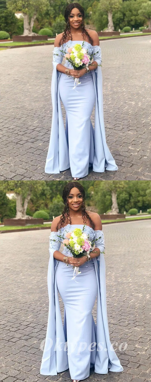 Elegant Soft Satin Off Shoulder Long Sleeve Side Slit Mermaid Floor Length Bridesmaid Dressses With Applique, BDS0243