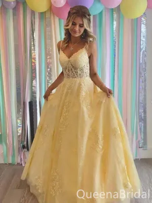 Elegant Spaghetti Straps Lace up Back Lace Appliques Tulle Evening Gown Long Prom Dresses ,WGP649