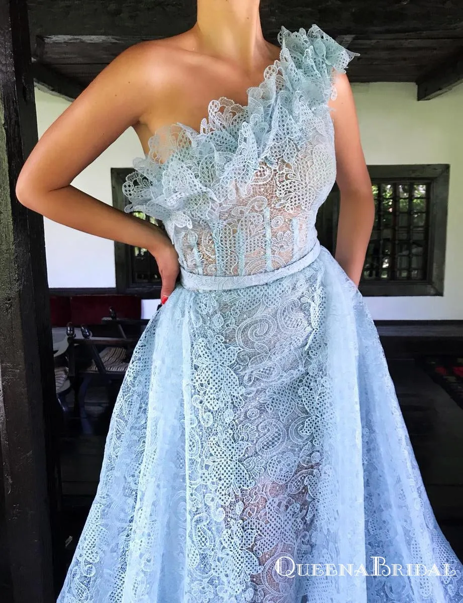 Elegant Unique One Shoulder Floral Lace See Through Riffles Mermaid Long Prom Dresses With Detachable Train, PDS0056
