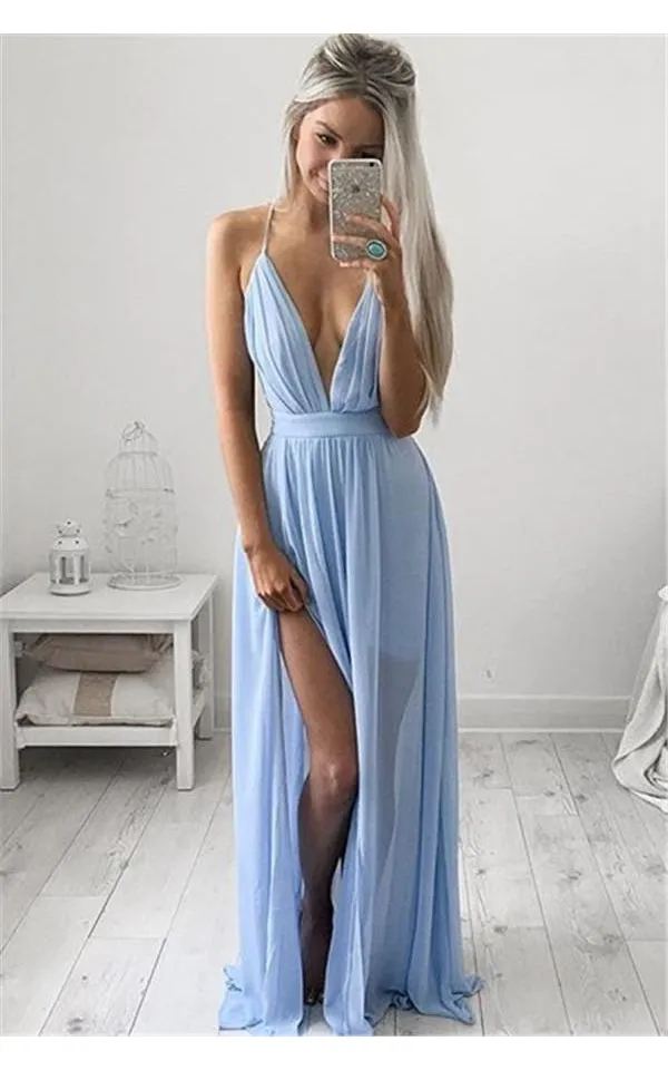 Elegant V-Neck Long Prom Dress Chiffon Floor Length-324649