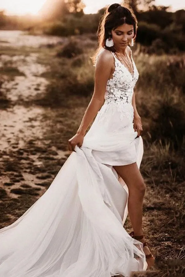 Elegant White Backless A-line Unlined Lace Bodice V-neck Wedding Dress, SW336