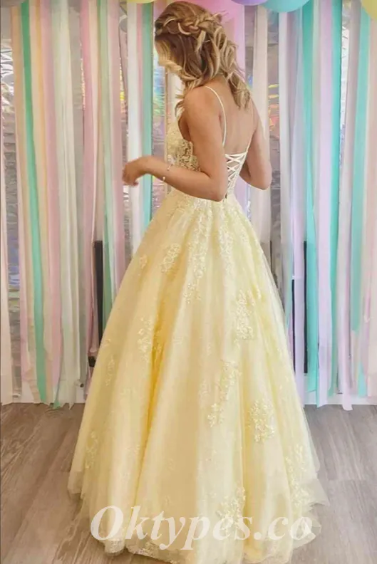 Elegant Yellow Lace And Tulle Spaghetti Straps V-Neck Lace Up Back A-Line Long Prom Dresses,PDS0593