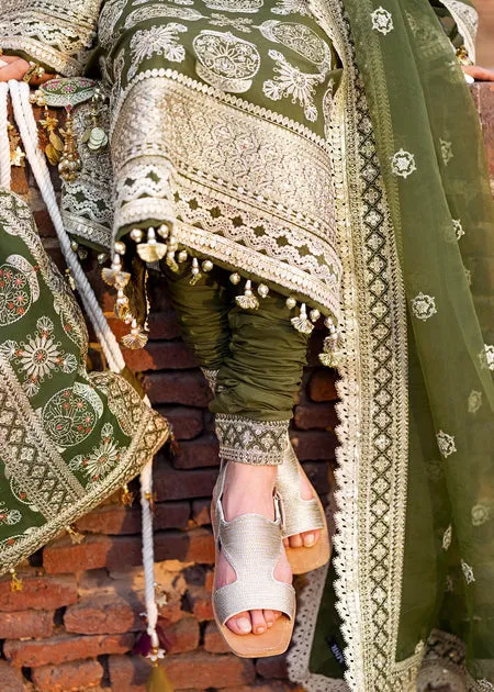 Embellished Pakistani Raw Silk Green Kameez Salwar