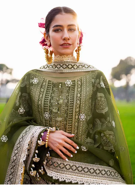 Embellished Pakistani Raw Silk Green Kameez Salwar
