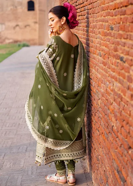 Embellished Pakistani Raw Silk Green Kameez Salwar